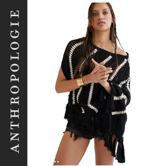 - Anthropologie One Shoulder Black/White Fringe Crochet Poncho one size
